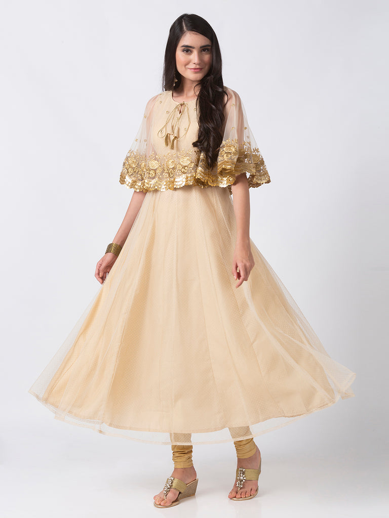 Women Cape Kurta Sleeveless Beige Gown