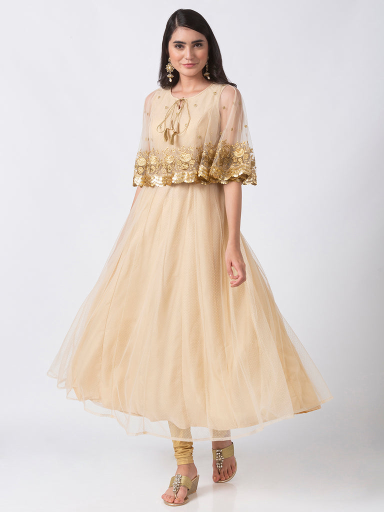 Women Cape Kurta Sleeveless Beige Gown