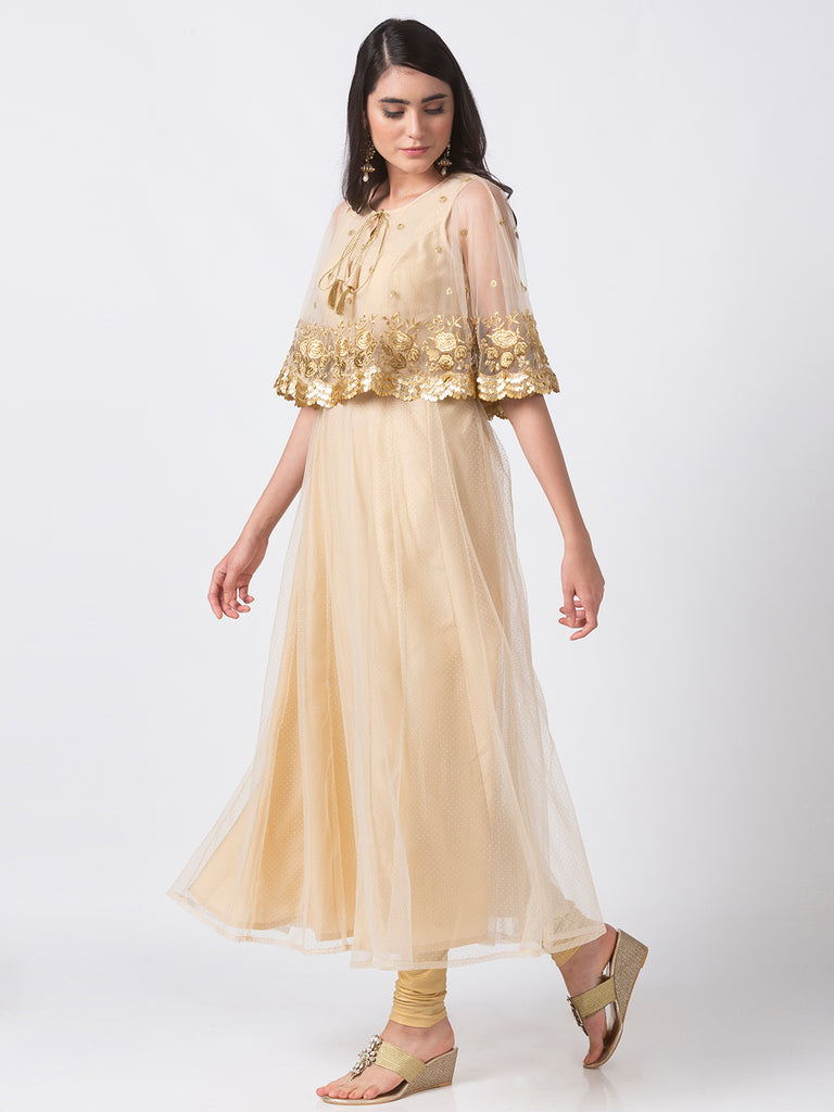 Women Cape Kurta Sleeveless Beige Gown