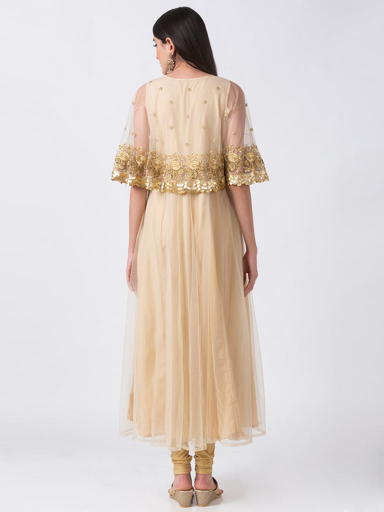 Women Cape Kurta Sleeveless Beige Gown