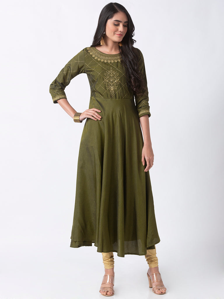 Women Kalidar Three-Fourth Olive Kurta