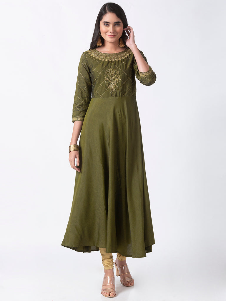Women Kalidar Three-Fourth Olive Kurta