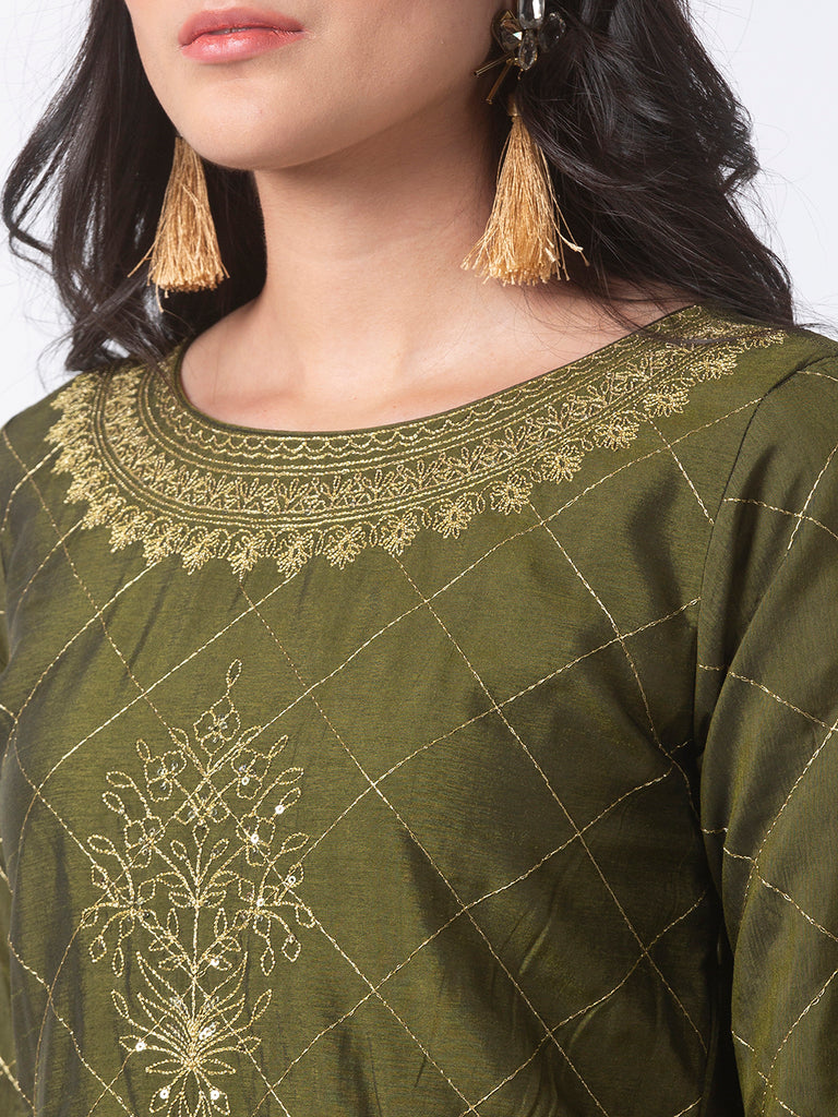 Women Kalidar Three-Fourth Olive Kurta