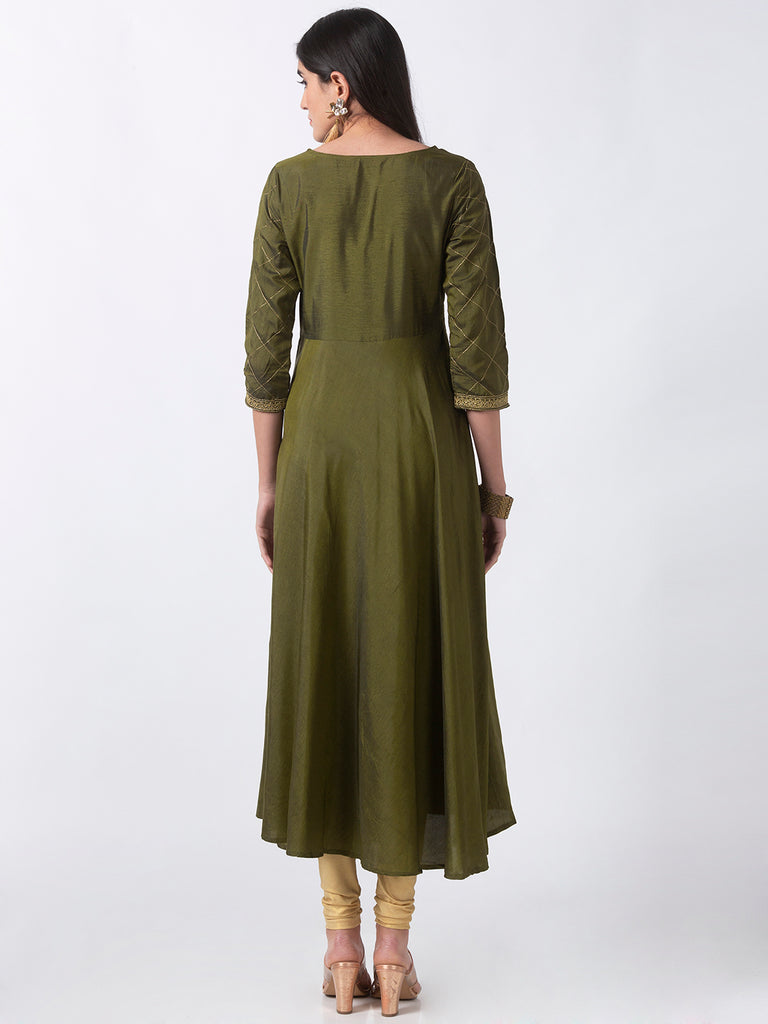 Women Kalidar Three-Fourth Olive Kurta