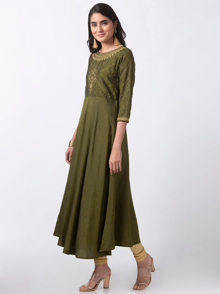 Women Kalidar Three-Fourth Olive Kurta