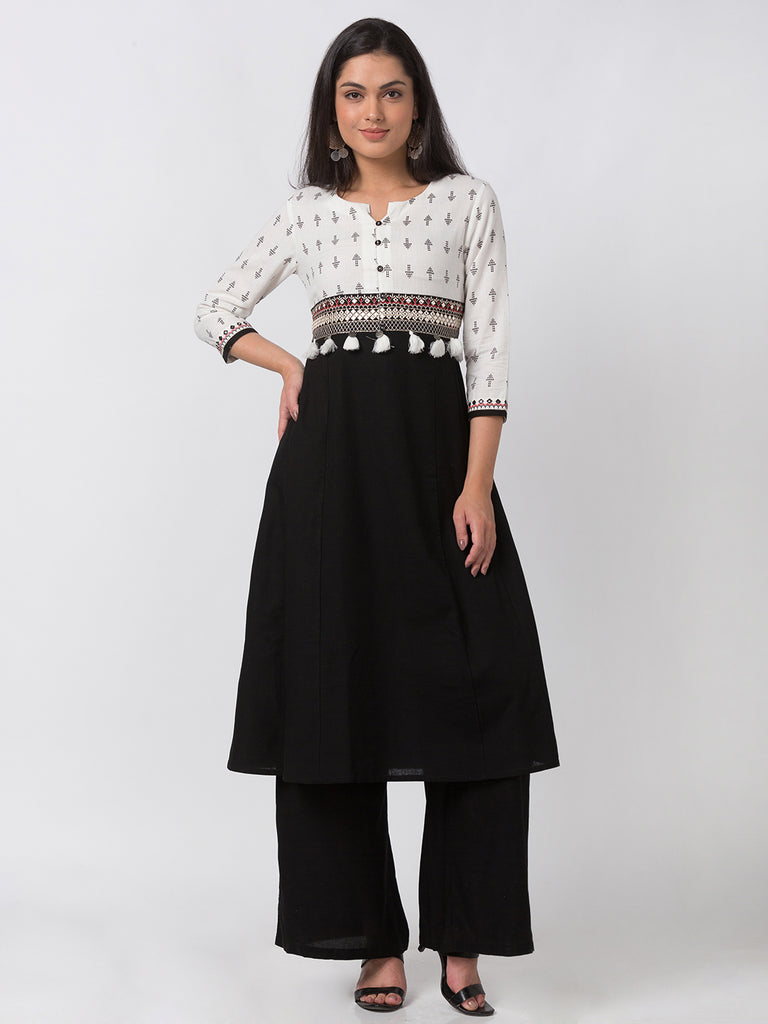 Women Kalidar Three-Fourth Ecru Dress