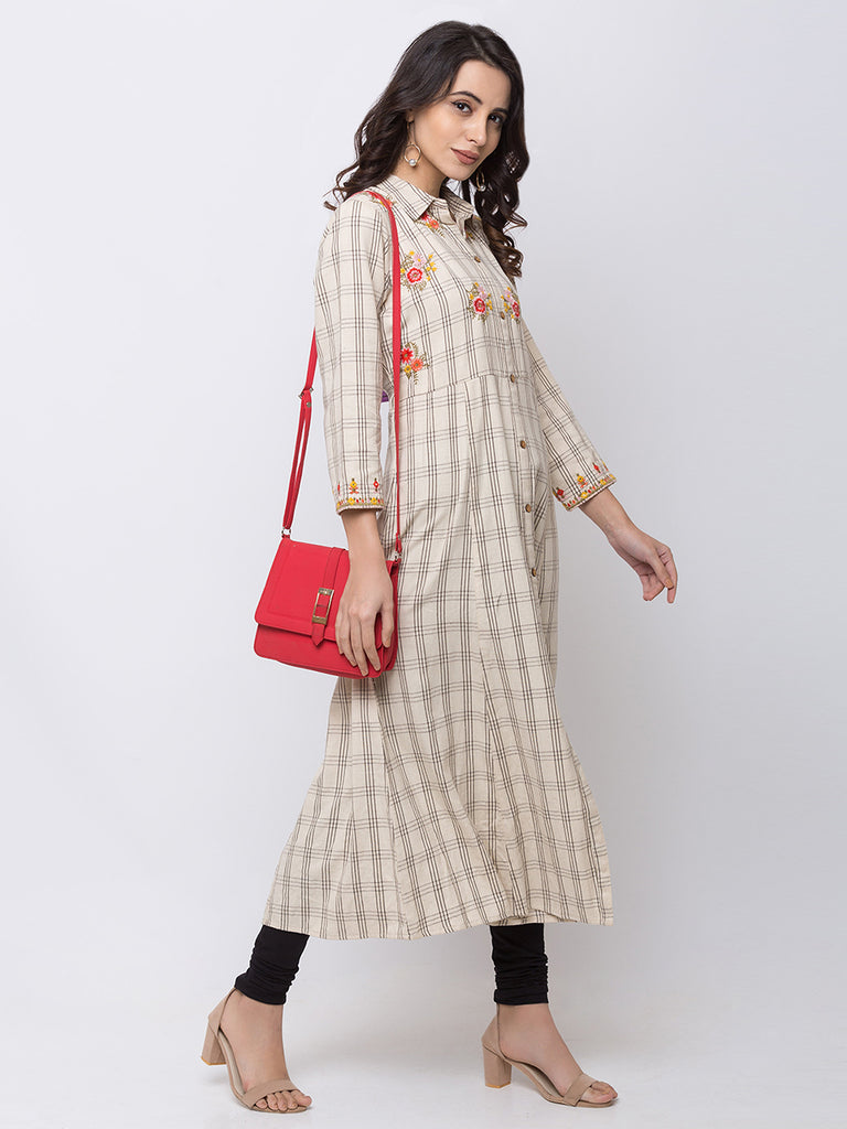 Women A Line Three-Fourth Ecru Dress