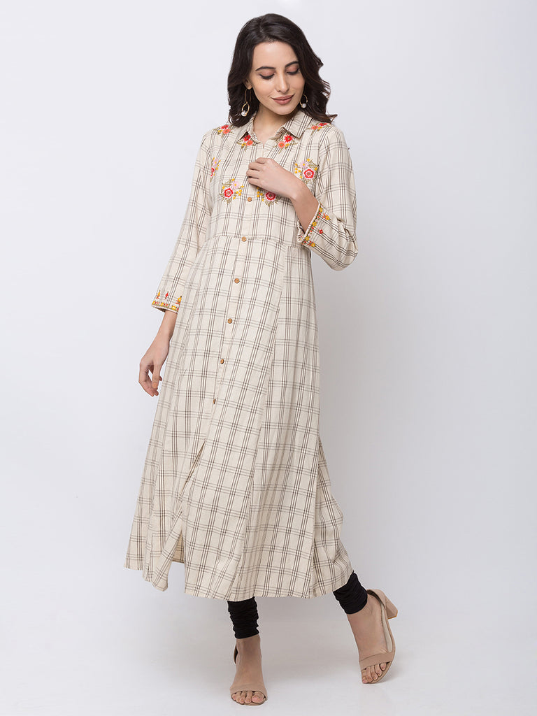 Women A Line Three-Fourth Ecru Dress