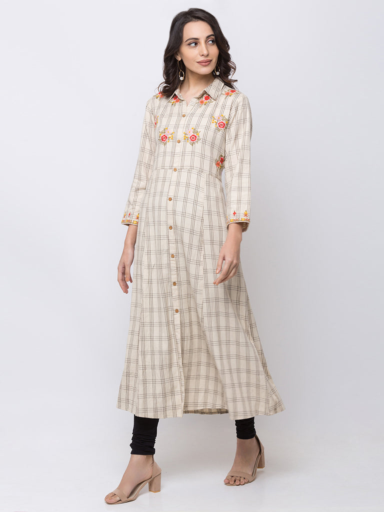Women A Line Three-Fourth Ecru Dress