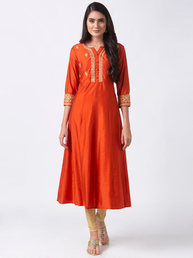 Festive Women Gathered Three-Fourth Rust Kurta