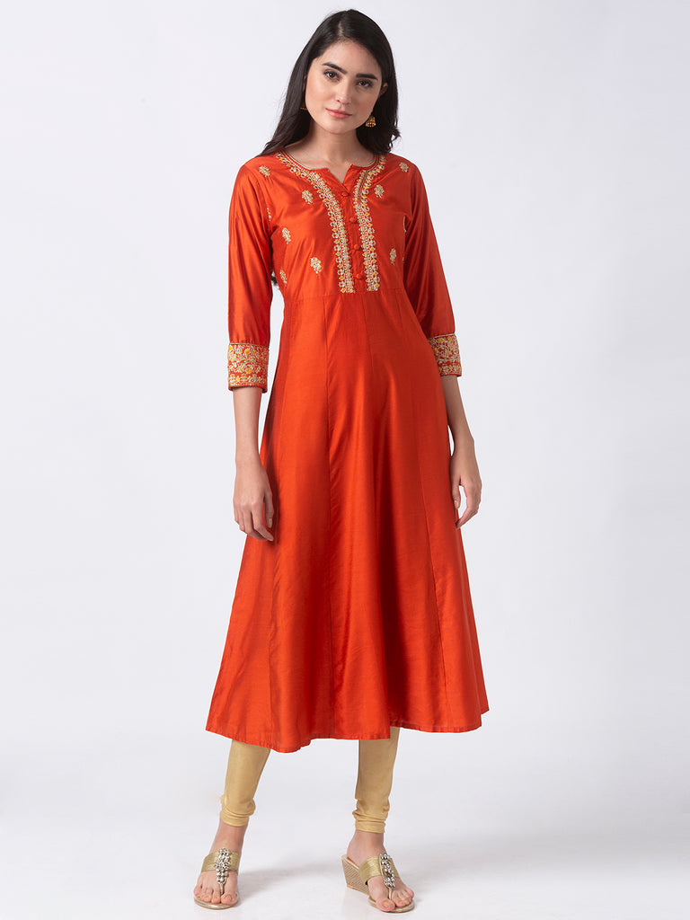 Festive Women Gathered Three-Fourth Rust Kurta