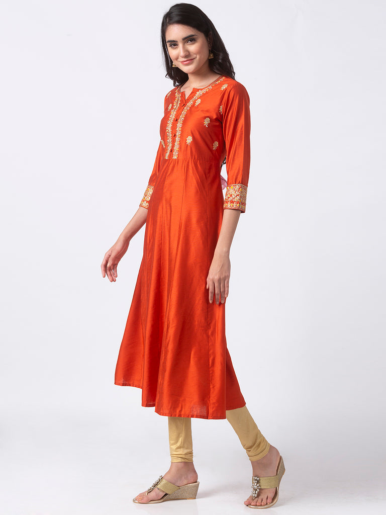 Festive Women Gathered Three-Fourth Rust Kurta