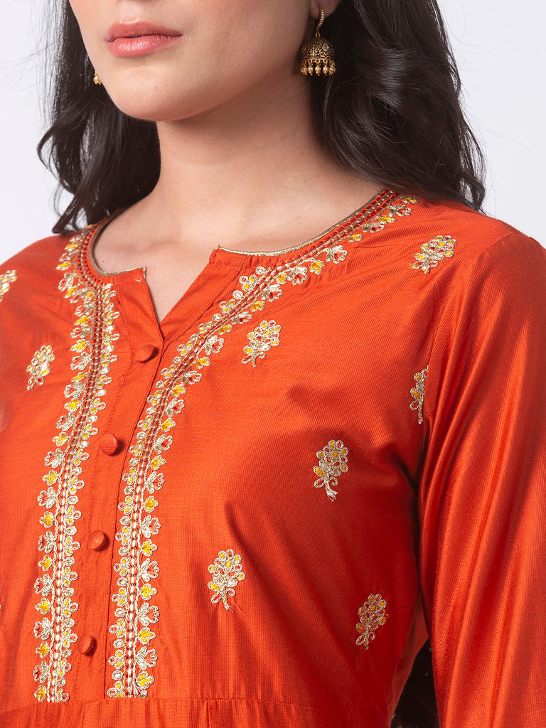 Festive Women Gathered Three-Fourth Rust Kurta
