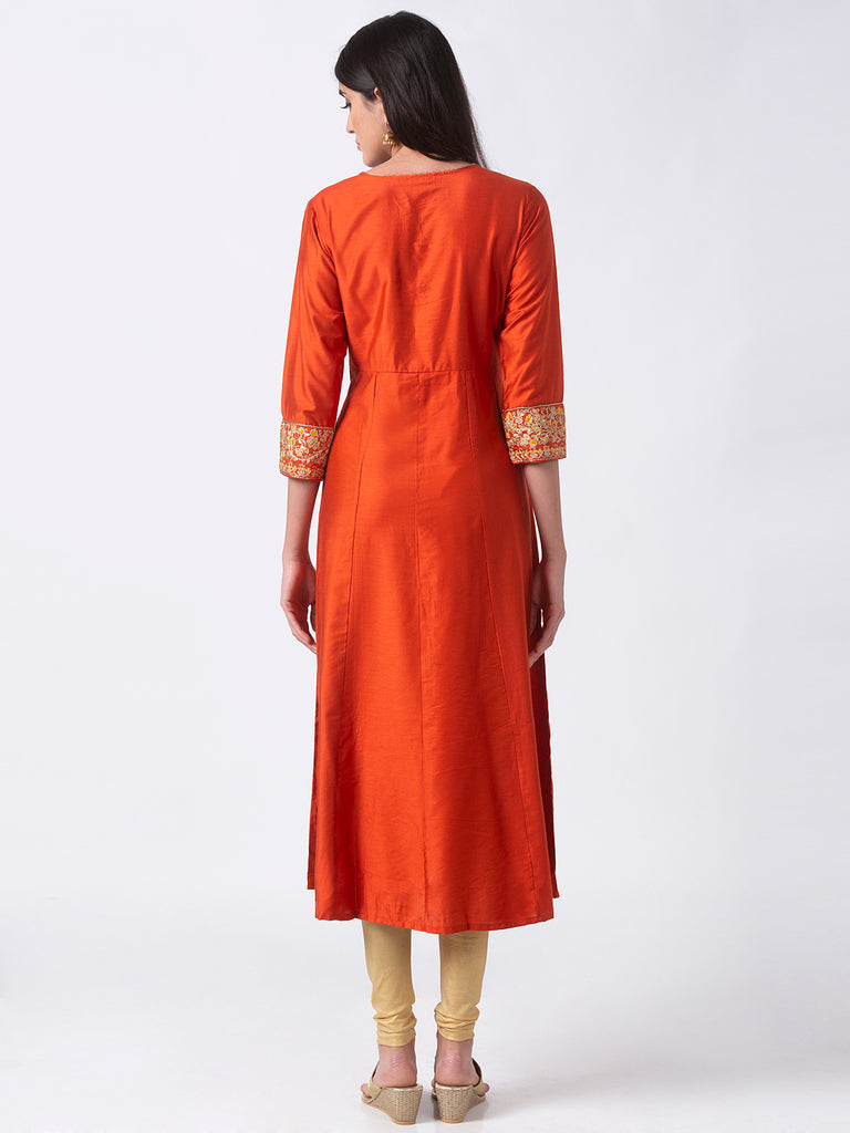 Festive Women Gathered Three-Fourth Rust Kurta