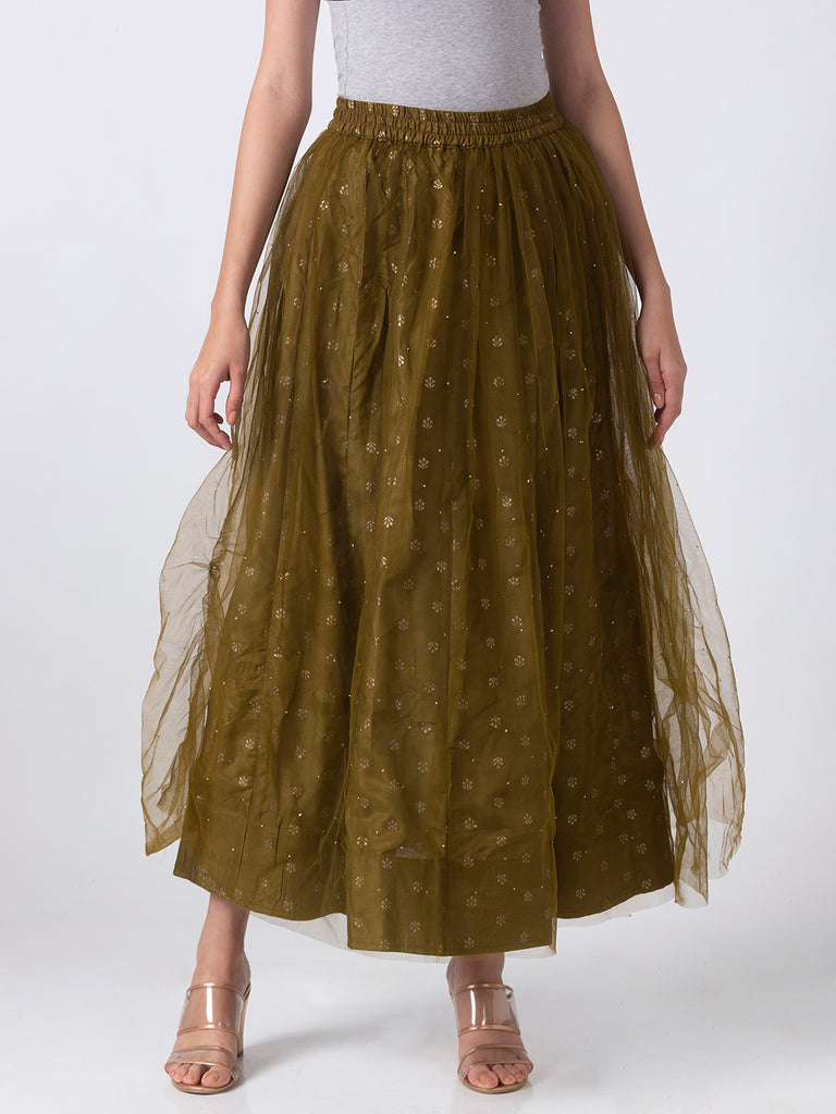 Festive Women Gathered Olive Skirt