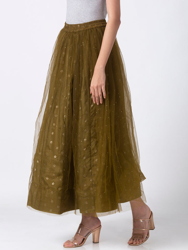 Festive Women Gathered Olive Skirt