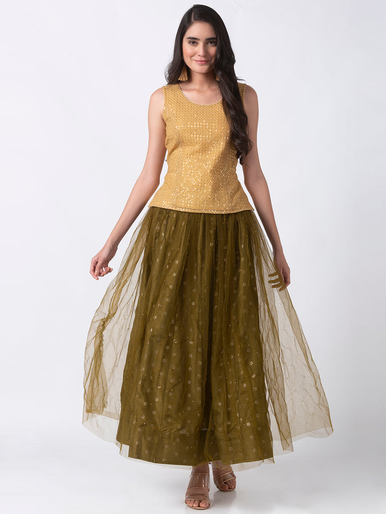 Festive Women Gathered Olive Skirt