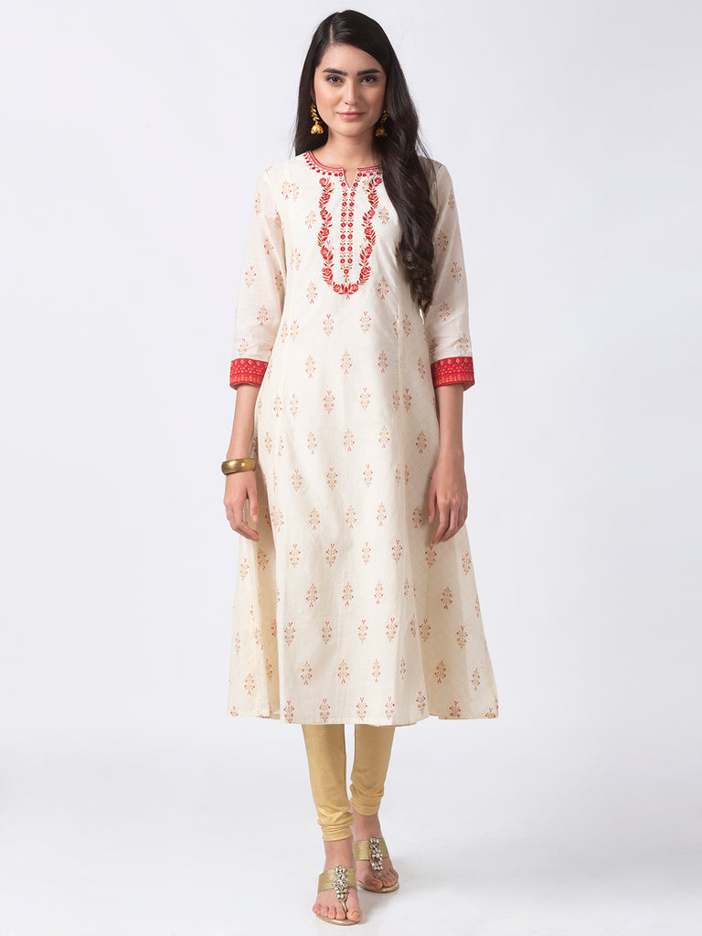 Festive Women A Line Three-Fourth Off White Kurta