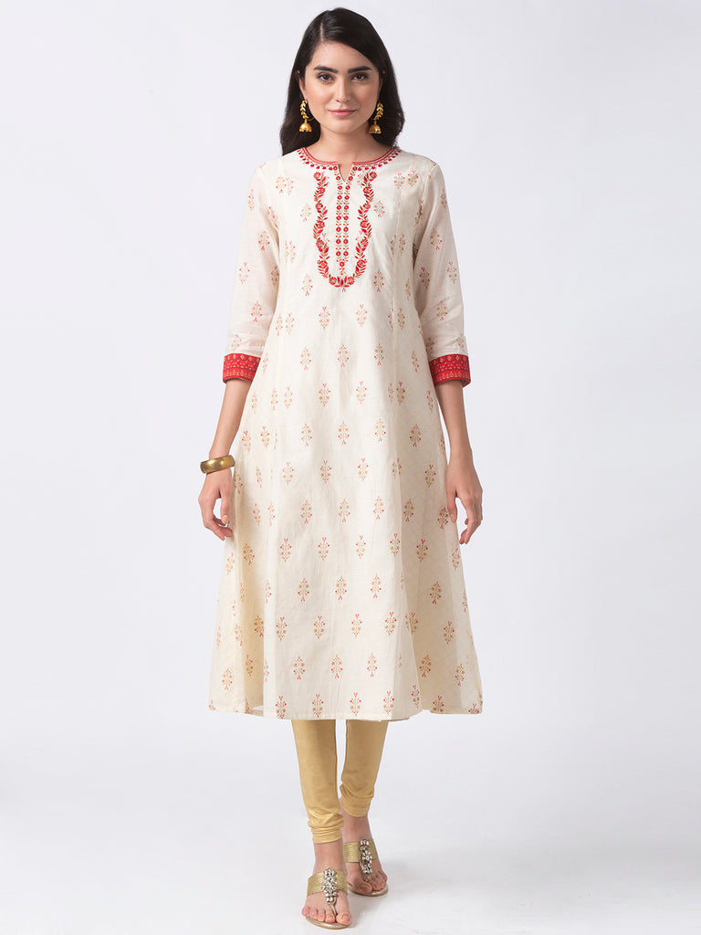 Festive Women A Line Three-Fourth Off White Kurta