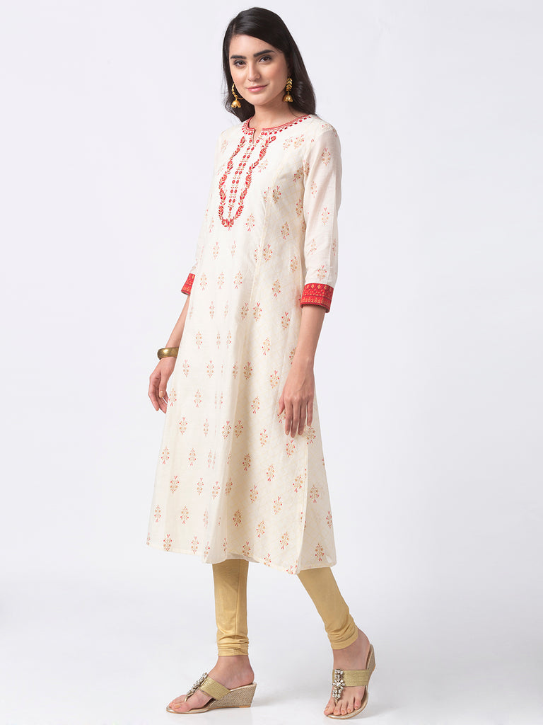 Festive Women A Line Three-Fourth Off White Kurta