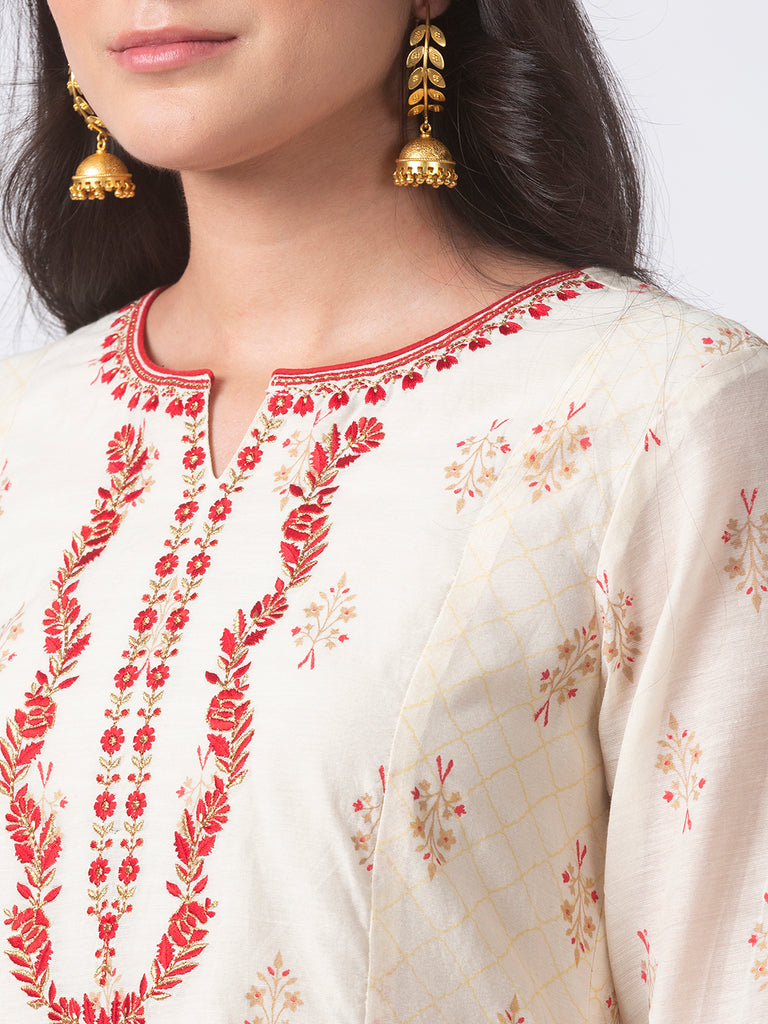 Festive Women A Line Three-Fourth Off White Kurta