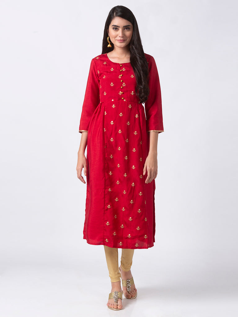 Women Gathered Three-Fourth Red Kurta