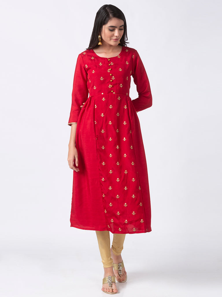Women Gathered Three-Fourth Red Kurta