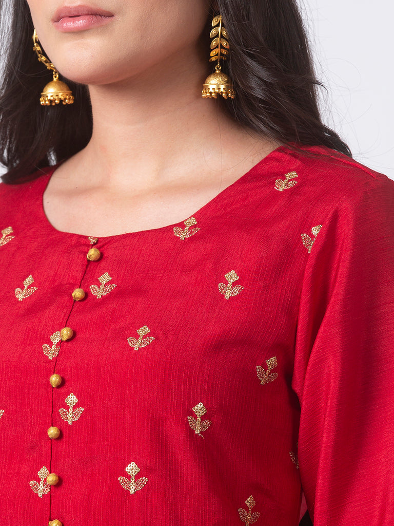 Women Gathered Three-Fourth Red Kurta