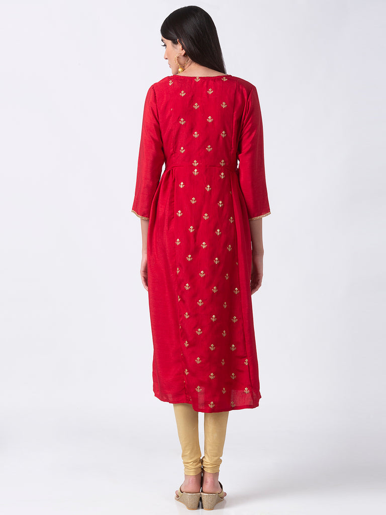 Women Gathered Three-Fourth Red Kurta