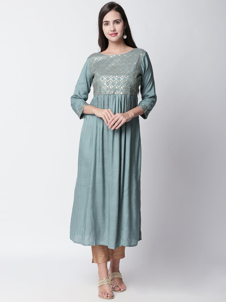 Women Gathered Three-Fourth Blue Dress
