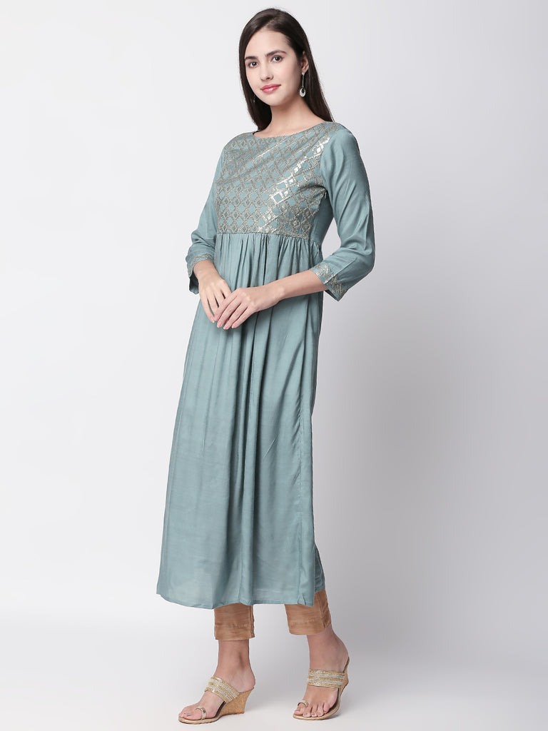 Women Gathered Three-Fourth Blue Dress