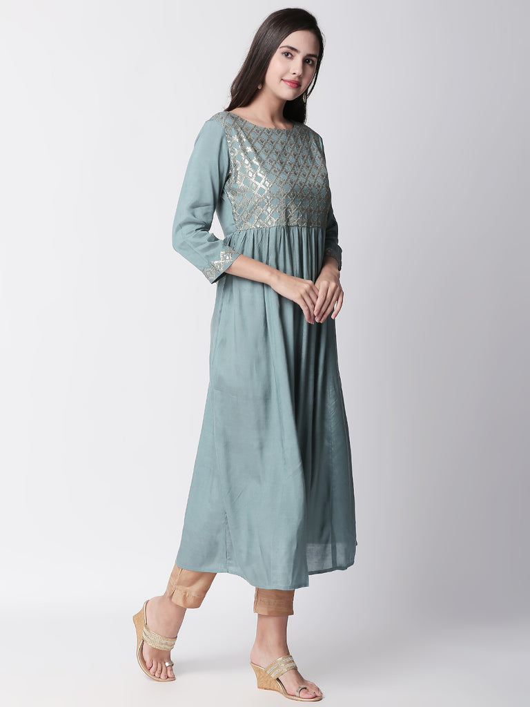 Women Gathered Three-Fourth Blue Dress