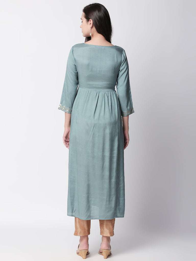 Women Gathered Three-Fourth Blue Dress