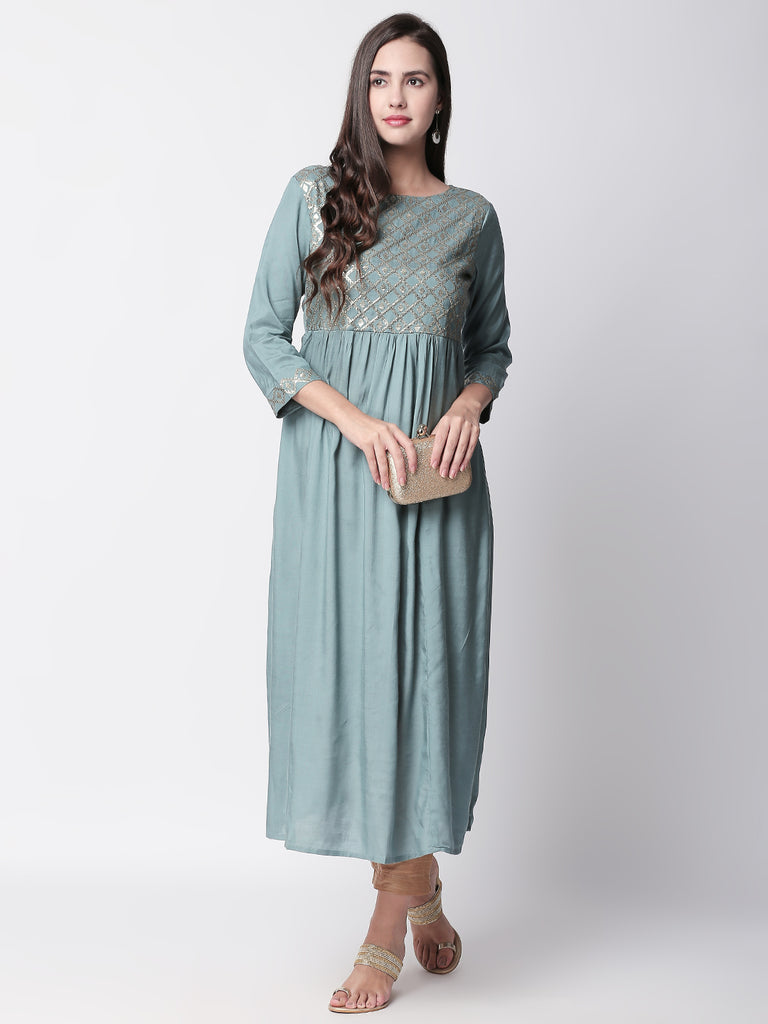 Women Gathered Three-Fourth Blue Dress