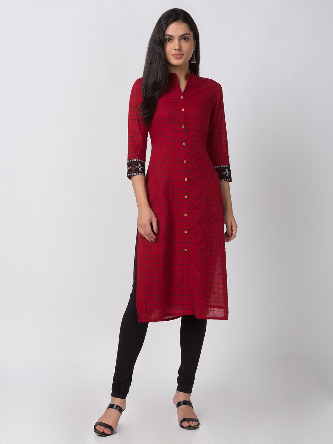 Women Straight Three-Fourth Red Kurta