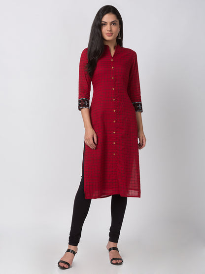 Women Straight Three-Fourth Red Kurta