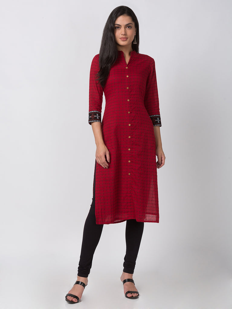 Women Straight Three-Fourth Red Kurta
