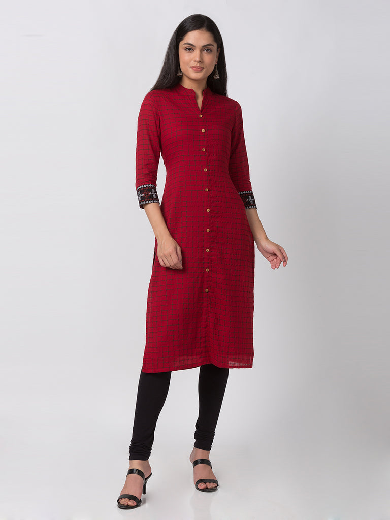 Women Straight Three-Fourth Red Kurta