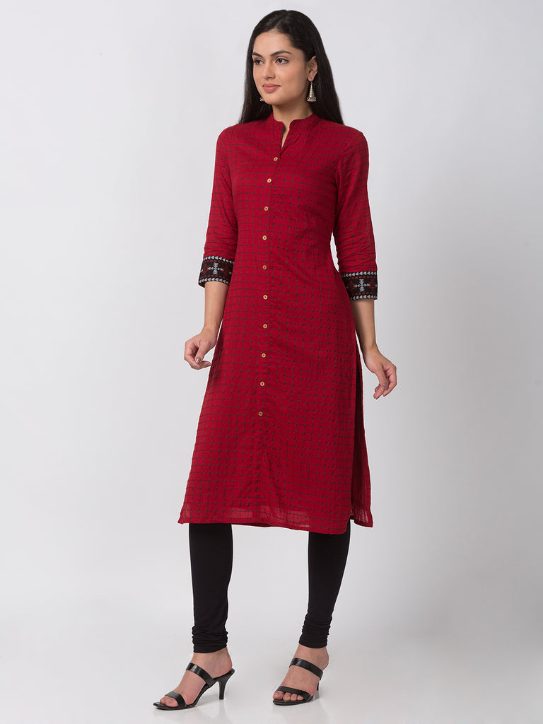 Women Straight Three-Fourth Red Kurta