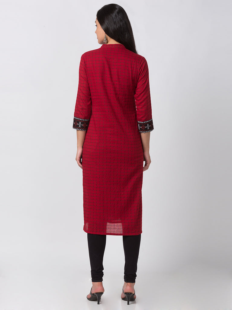 Women Straight Three-Fourth Red Kurta