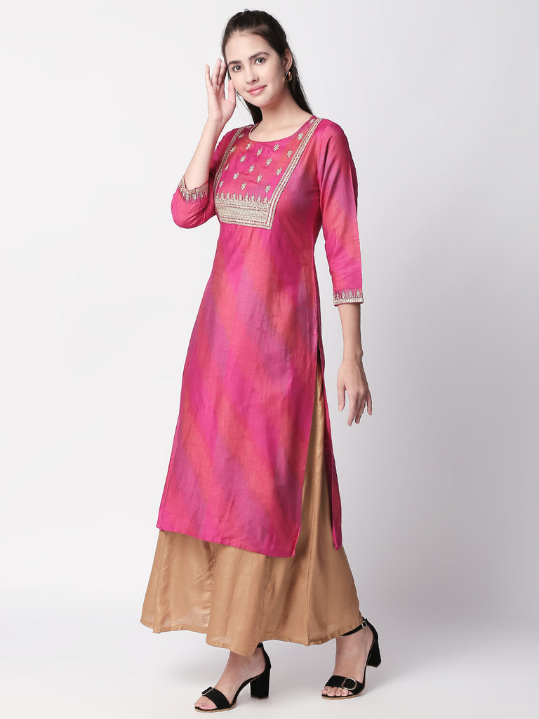 Festive Women Straight Three-Fourth Pink Kurta