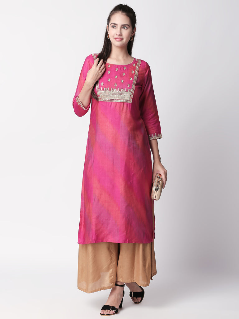 Festive Women Straight Three-Fourth Pink Kurta