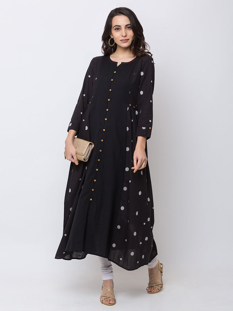 Women Gathered Three-Fourth Black Dress