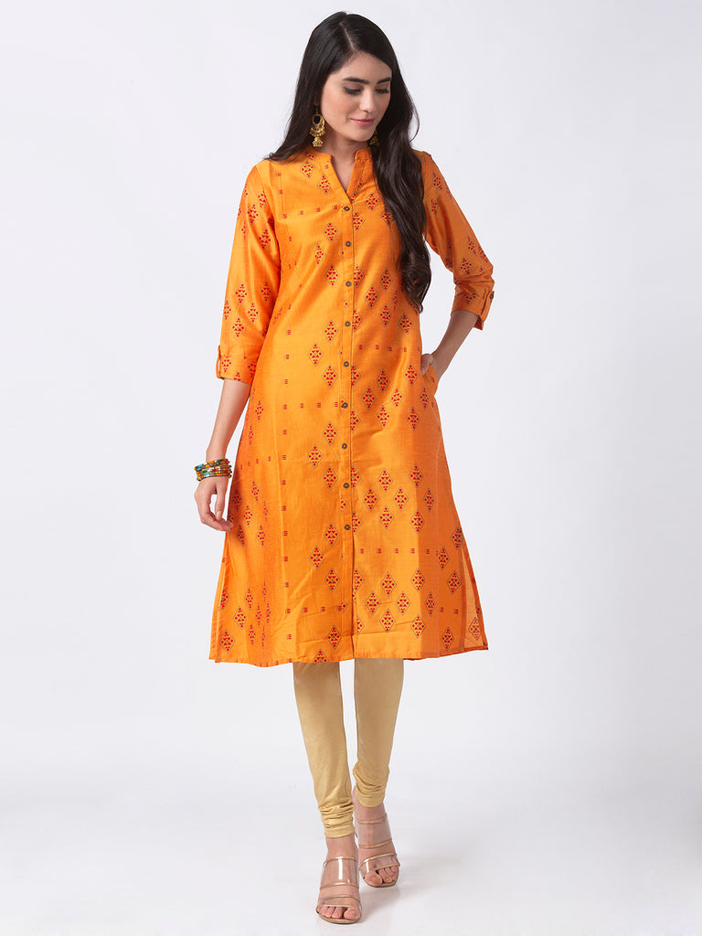 Women A Line Three-Fourth Mustard Kurta