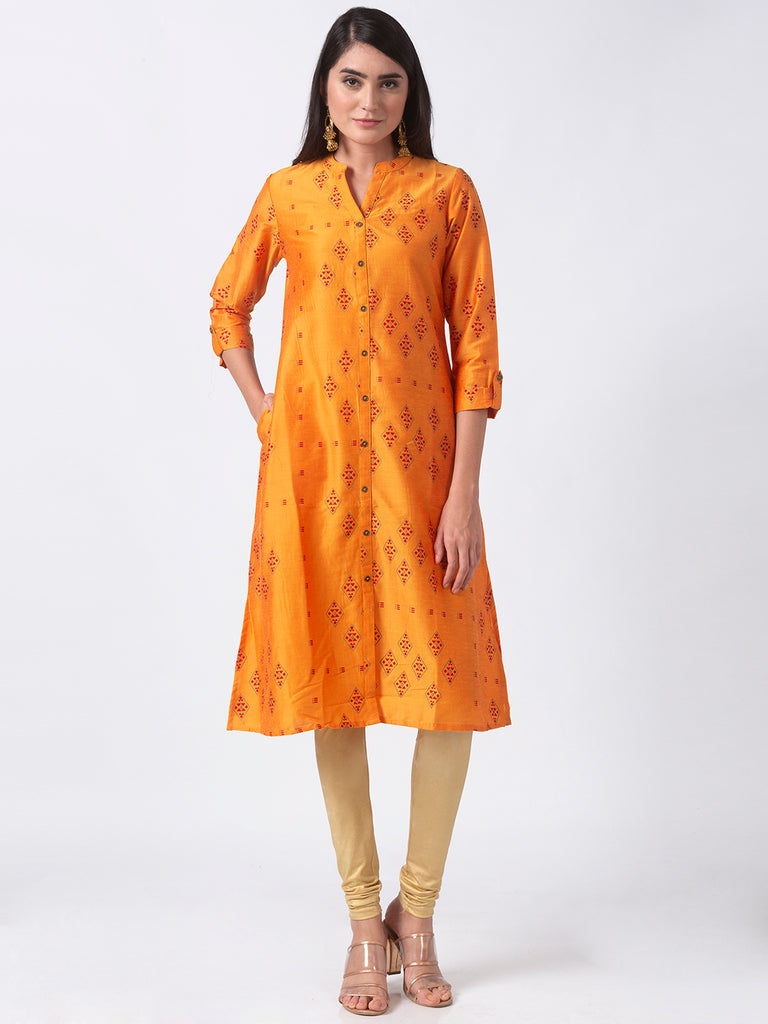 Women A Line Three-Fourth Mustard Kurta