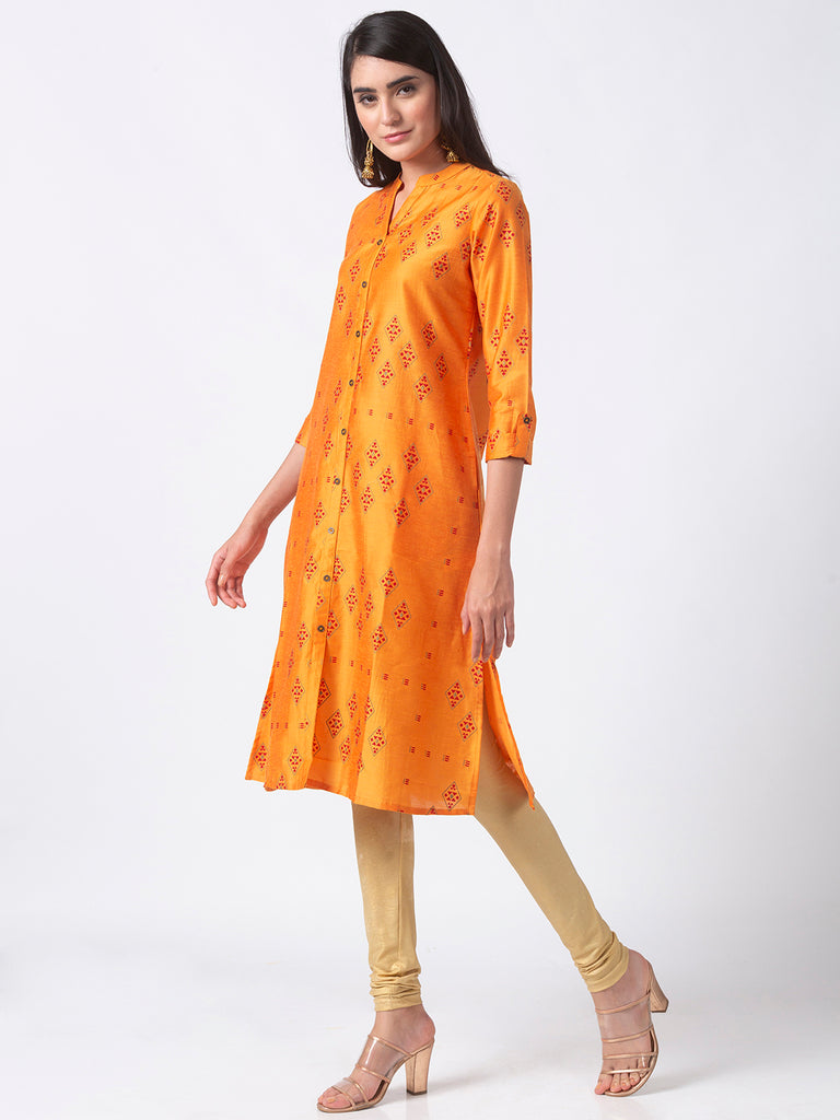 Women A Line Three-Fourth Mustard Kurta