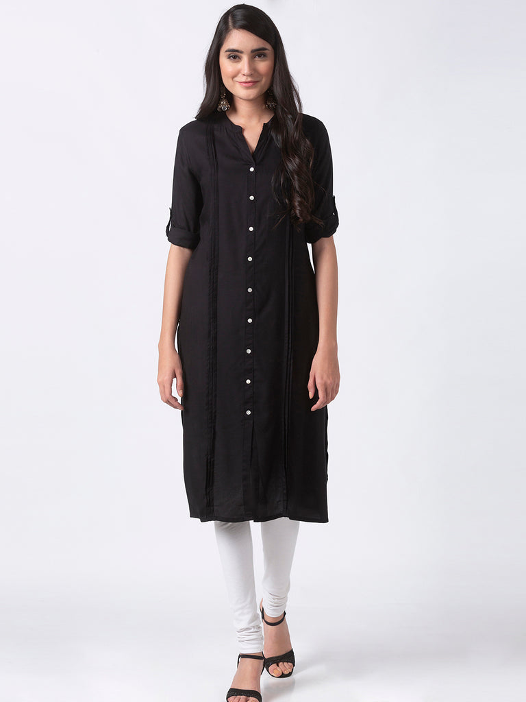 Core Women Straight Three-Fourth Black Kurta