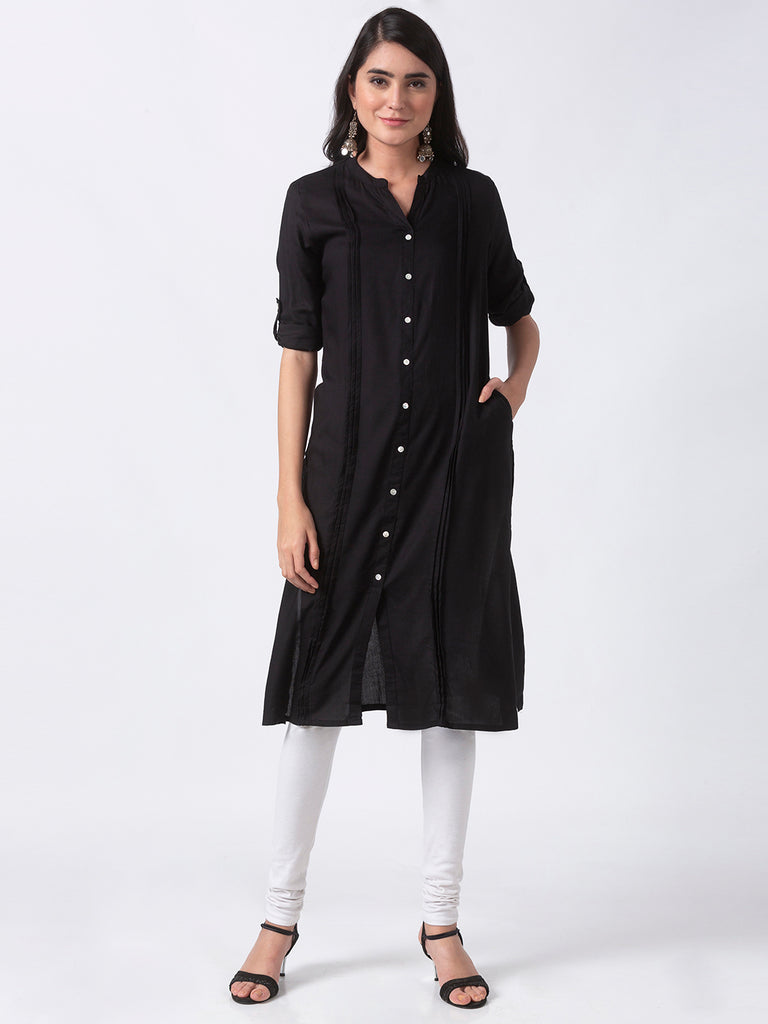 Core Women Straight Three-Fourth Black Kurta