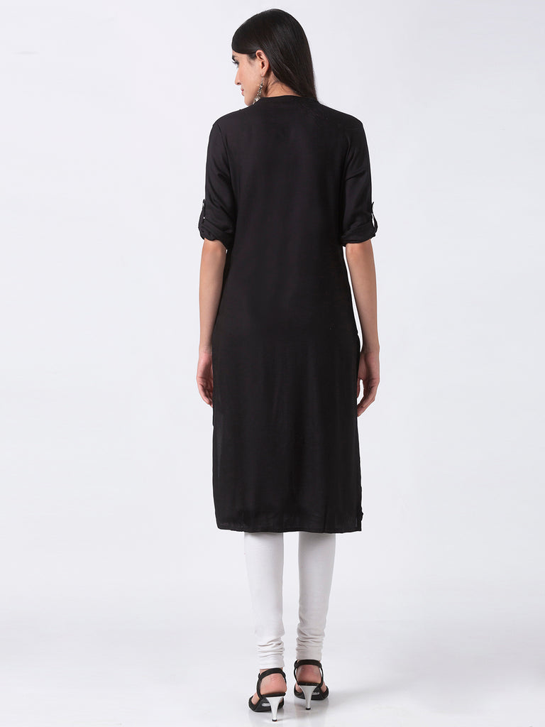 Core Women Straight Three-Fourth Black Kurta