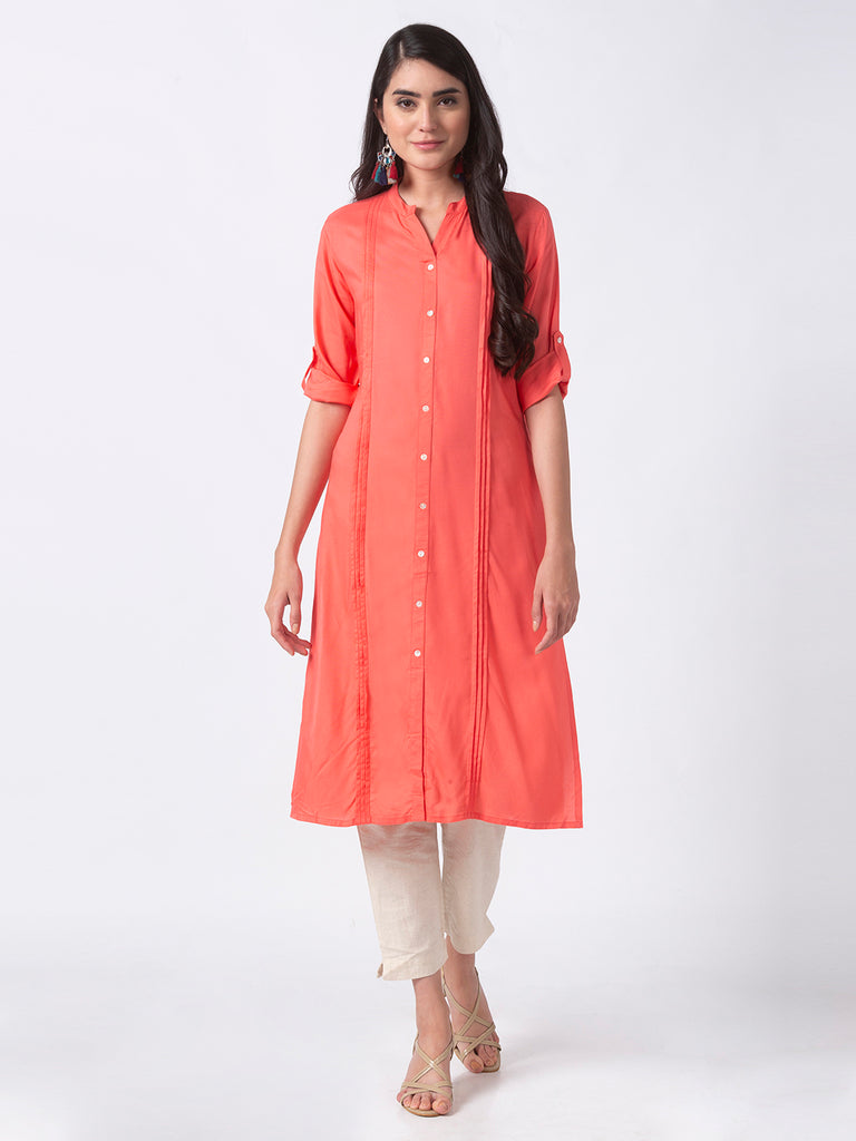 Core Women Straight Three-Fourth Coral Kurta